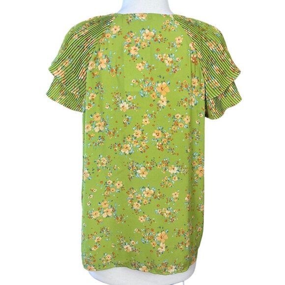 Dr2 Pullover V-Neck Green Floral Pleated Flounce Sleeve Blouse XL NWT - Picture 6 of 10